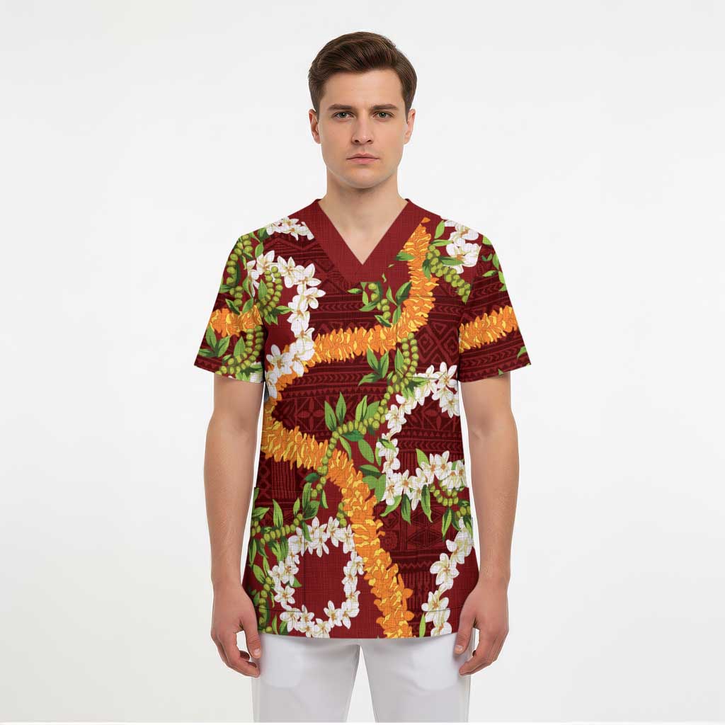 Aloha Festive Hawaii Scrub Top Mokihana - Maile and Ilima on Crimson - Polynesian Pride