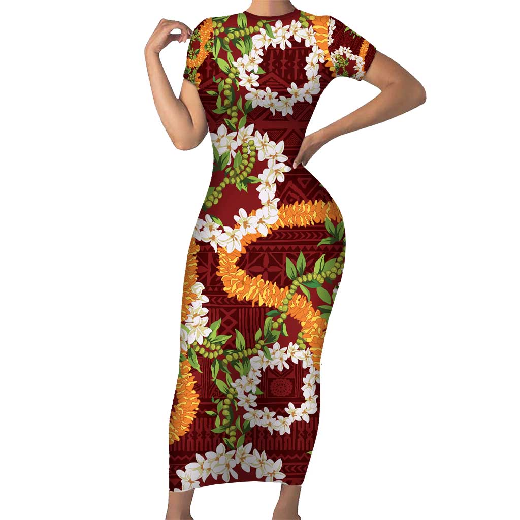 Aloha Festive Hawaii Short Sleeve Bodycon Dress Mokihana - Maile and Ilima on Crimson LT7 Long Dress Crimson - Polynesian Pride