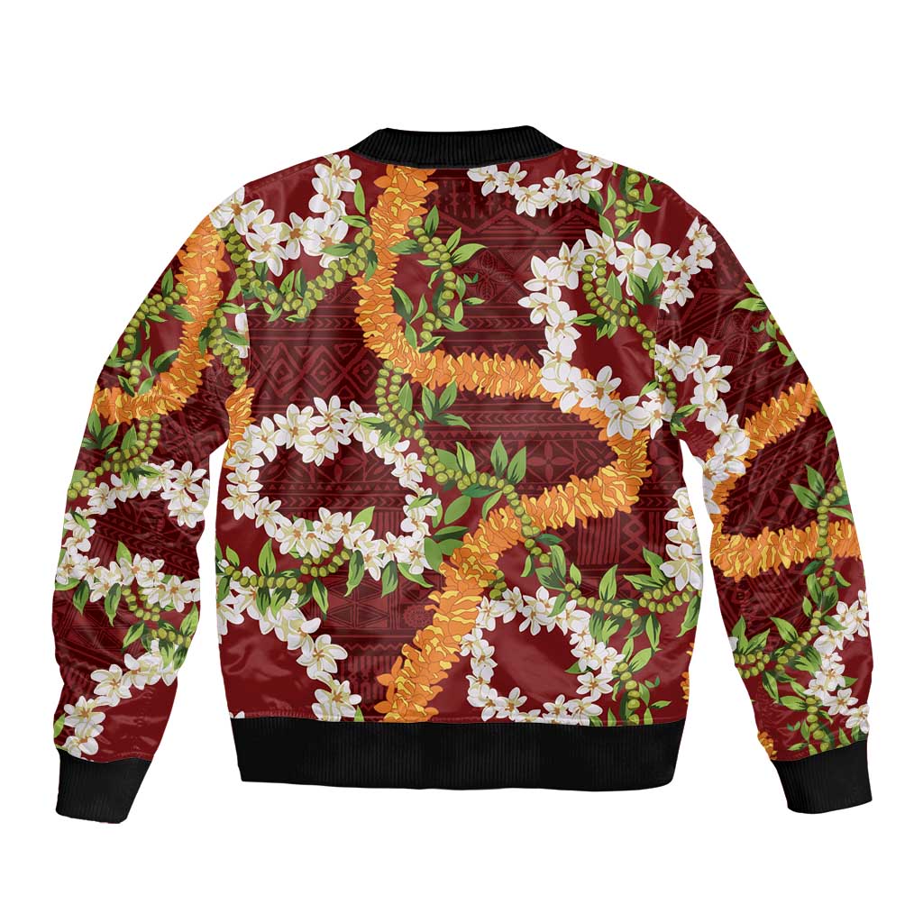 Aloha Festive Hawaii Sleeve Zip Bomber Jacket Mokihana - Maile and Ilima on Crimson LT7 - Polynesian Pride