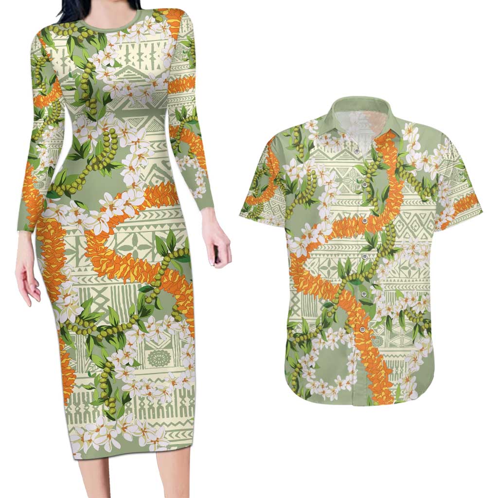 Aloha Festive Hawaii Couples Matching Long Sleeve Bodycon Dress and Hawaiian Shirt Mokihana - Maile Leis in Muted Summer LT7 Sage Green - Polynesian Pride