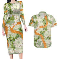Aloha Festive Hawaii Couples Matching Long Sleeve Bodycon Dress and Hawaiian Shirt Mokihana - Maile Leis in Muted Summer LT7 Sage Green - Polynesian Pride