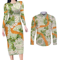 Aloha Festive Hawaii Couples Matching Long Sleeve Bodycon Dress and Long Sleeve Button Shirt Mokihana - Maile Leis in Muted Summer - Polynesian Pride