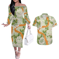 Aloha Festive Hawaii Couples Matching Off The Shoulder Long Sleeve Dress and Hawaiian Shirt Mokihana - Maile Leis in Muted Summer LT7 Sage Green - Polynesian Pride