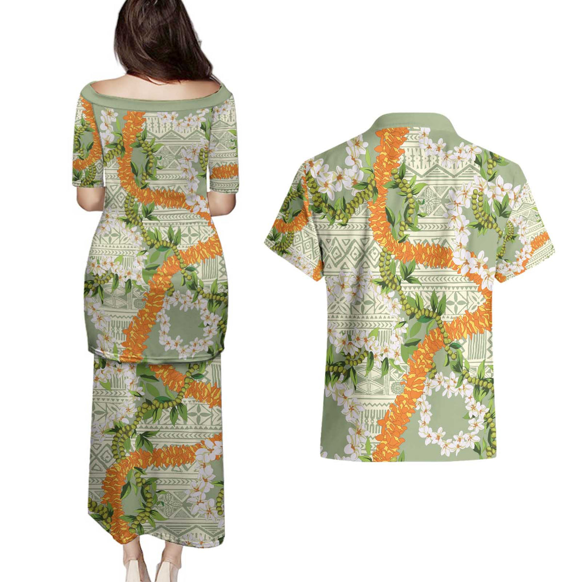 Aloha Festive Hawaii Couples Matching Puletasi and Hawaiian Shirt Mokihana - Maile Leis in Muted Summer - Polynesian Pride