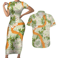 Aloha Festive Hawaii Couples Matching Short Sleeve Bodycon Dress and Hawaiian Shirt Mokihana - Maile Leis in Muted Summer LT7 Sage Green - Polynesian Pride