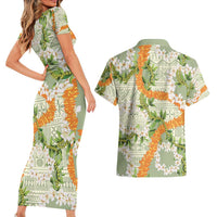 Aloha Festive Hawaii Couples Matching Short Sleeve Bodycon Dress and Hawaiian Shirt Mokihana - Maile Leis in Muted Summer LT7 - Polynesian Pride