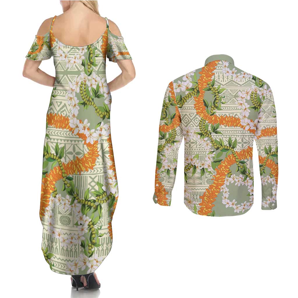 Aloha Festive Hawaii Couples Matching Summer Maxi Dress and Long Sleeve Button Shirt Mokihana - Maile Leis in Muted Summer - Polynesian Pride