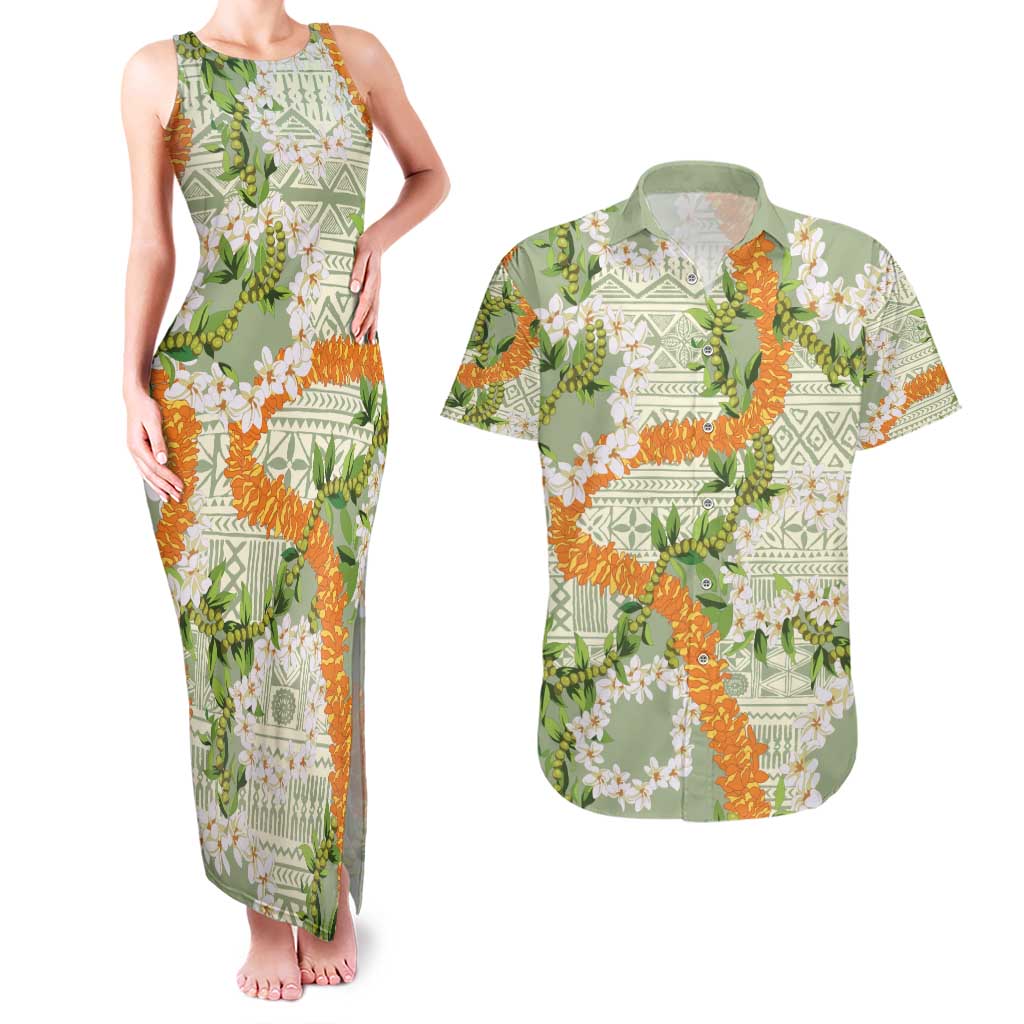 Aloha Festive Hawaii Couples Matching Tank Maxi Dress and Hawaiian Shirt Mokihana - Maile Leis in Muted Summer - Polynesian Pride