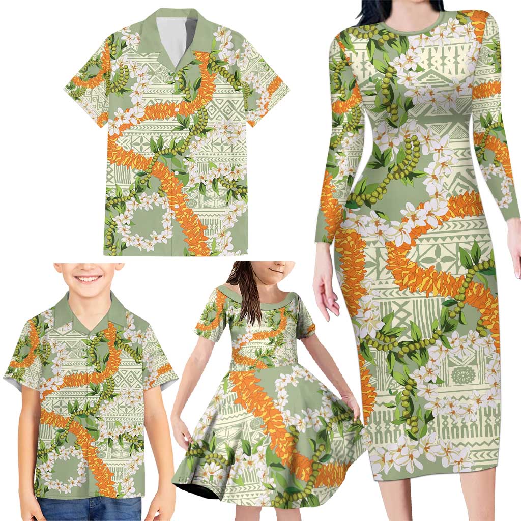 Aloha Festive Hawaii Family Matching Long Sleeve Bodycon Dress and Hawaiian Shirt Mokihana - Maile Leis in Muted Summer LT7 - Polynesian Pride