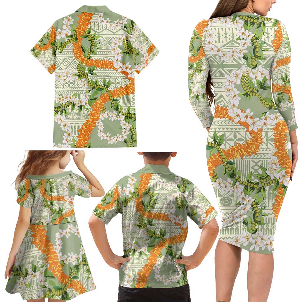 Aloha Festive Hawaii Family Matching Long Sleeve Bodycon Dress and Hawaiian Shirt Mokihana - Maile Leis in Muted Summer LT7 - Polynesian Pride