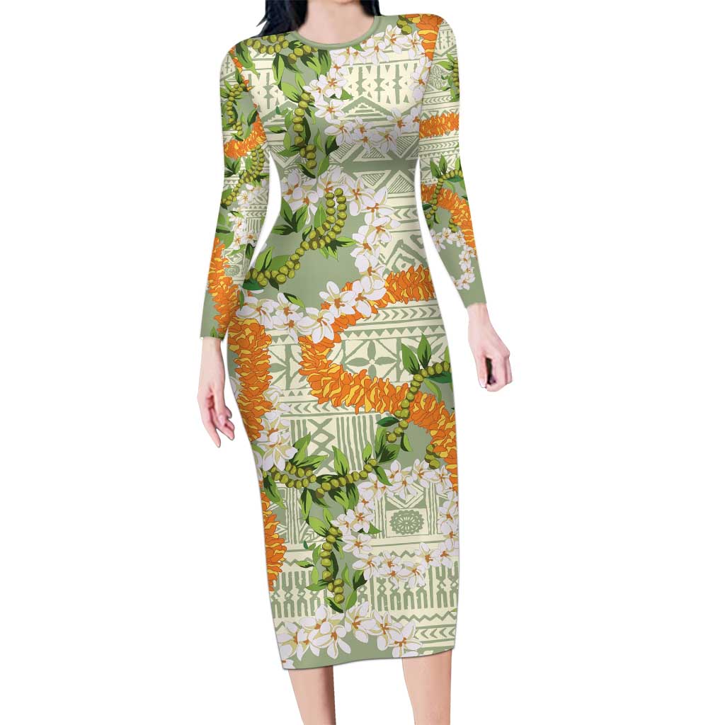 Aloha Festive Hawaii Family Matching Long Sleeve Bodycon Dress and Hawaiian Shirt Mokihana - Maile Leis in Muted Summer LT7 Mom's Dress Sage Green - Polynesian Pride