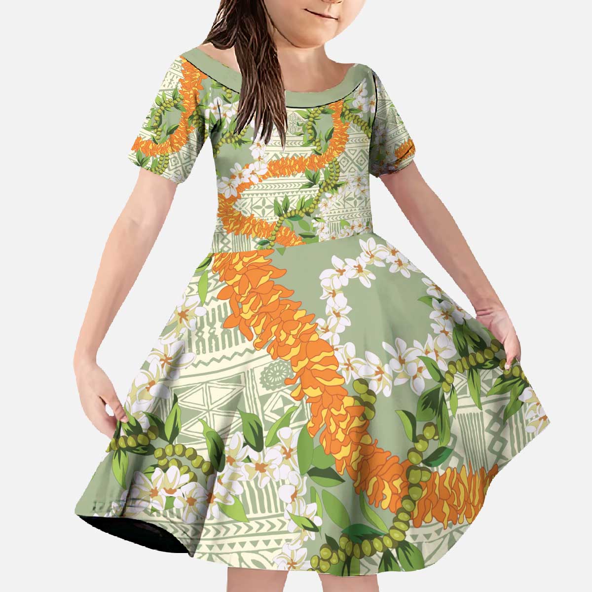 Aloha Festive Hawaii Family Matching Off The Shoulder Long Sleeve Dress and Hawaiian Shirt Mokihana - Maile Leis in Muted Summer LT7 Daughter's Dress Sage Green - Polynesian Pride