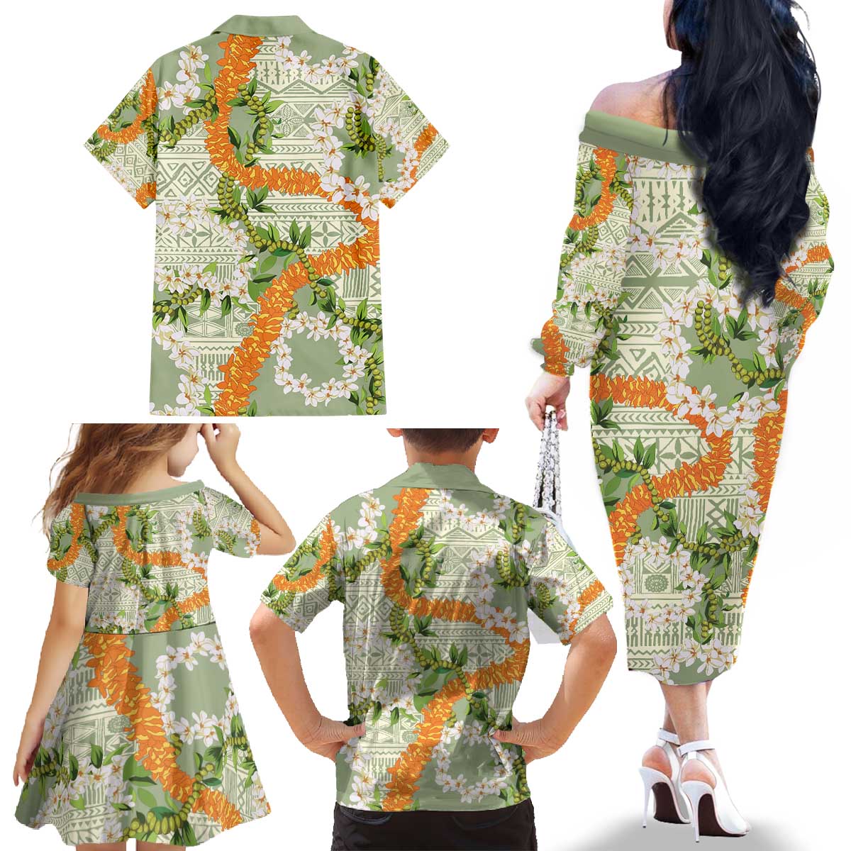 Aloha Festive Hawaii Family Matching Off The Shoulder Long Sleeve Dress and Hawaiian Shirt Mokihana - Maile Leis in Muted Summer LT7 - Polynesian Pride