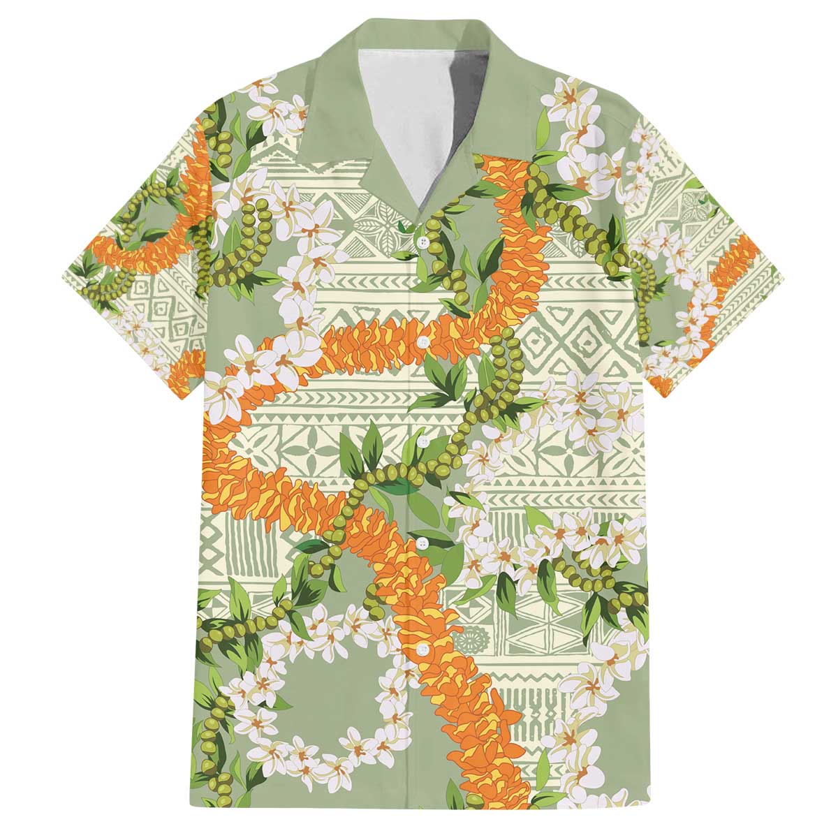 Aloha Festive Hawaii Family Matching Off The Shoulder Long Sleeve Dress and Hawaiian Shirt Mokihana - Maile Leis in Muted Summer LT7 Dad's Shirt - Short Sleeve Sage Green - Polynesian Pride