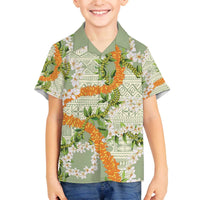 Aloha Festive Hawaii Family Matching Off The Shoulder Long Sleeve Dress and Hawaiian Shirt Mokihana - Maile Leis in Muted Summer LT7 Son's Shirt Sage Green - Polynesian Pride