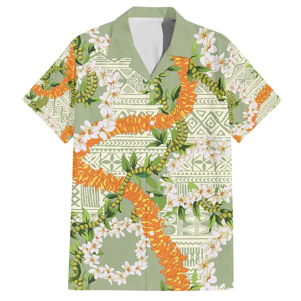 Aloha Festive Hawaii Family Matching Off Shoulder Maxi Dress and Hawaiian Shirt Mokihana - Maile Leis in Muted Summer LT7 Dad's Shirt - Short Sleeve Sage Green - Polynesian Pride