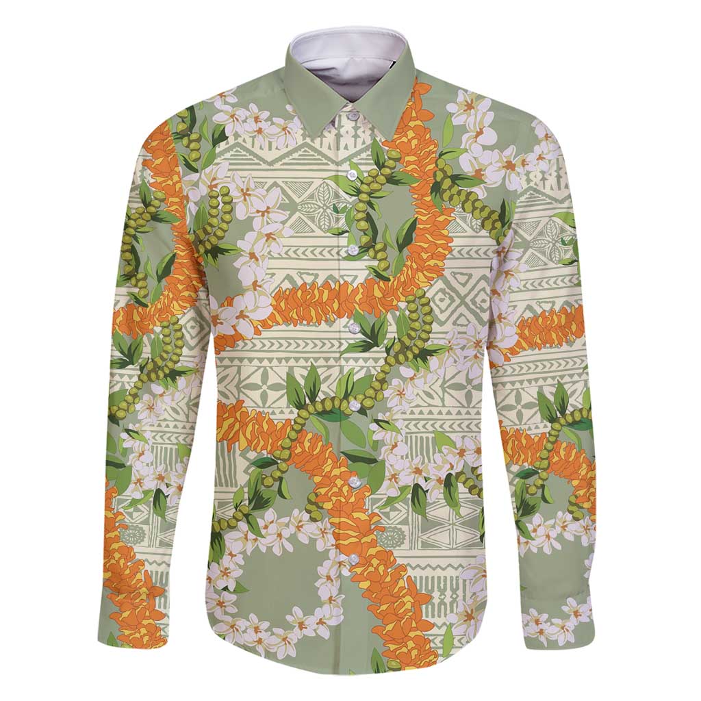 Aloha Festive Hawaii Family Matching Off Shoulder Maxi Dress and Hawaiian Shirt Mokihana - Maile Leis in Muted Summer LT7 Dad's Shirt - Long Sleeve Sage Green - Polynesian Pride