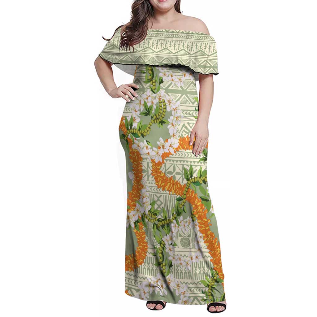 Aloha Festive Hawaii Family Matching Off Shoulder Maxi Dress and Hawaiian Shirt Mokihana - Maile Leis in Muted Summer LT7 Mom's Dress Sage Green - Polynesian Pride