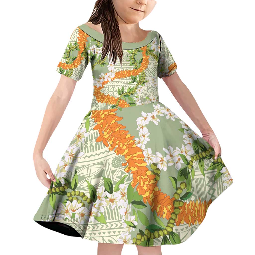 Aloha Festive Hawaii Family Matching Off Shoulder Short Dress and Hawaiian Shirt Mokihana - Maile Leis in Muted Summer LT7 Daughter's Dress Sage Green - Polynesian Pride