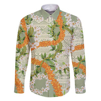 Aloha Festive Hawaii Family Matching Off Shoulder Short Dress and Hawaiian Shirt Mokihana - Maile Leis in Muted Summer LT7 Dad's Shirt - Long Sleeve Sage Green - Polynesian Pride