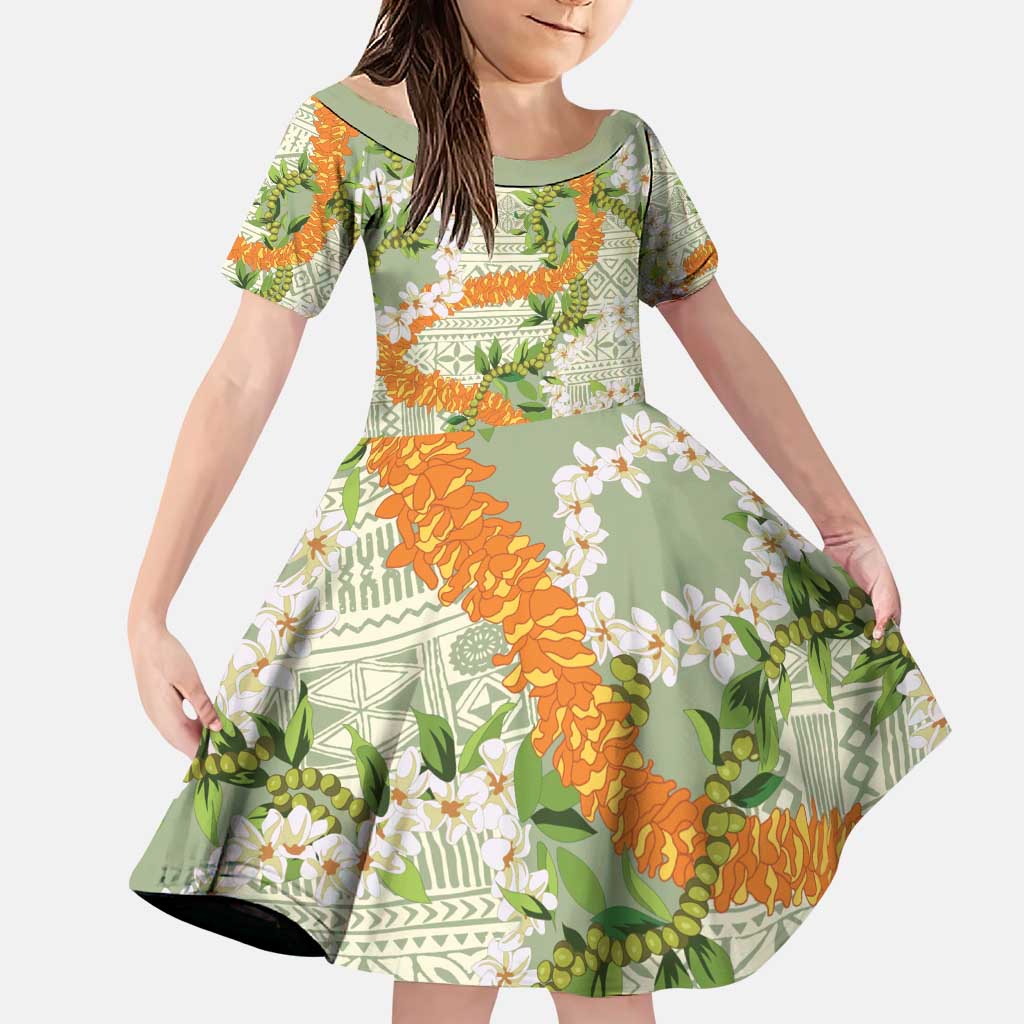 Aloha Festive Hawaii Family Matching Puletasi and Hawaiian Shirt Mokihana - Maile Leis in Muted Summer LT7 Daughter's Dress Sage Green - Polynesian Pride