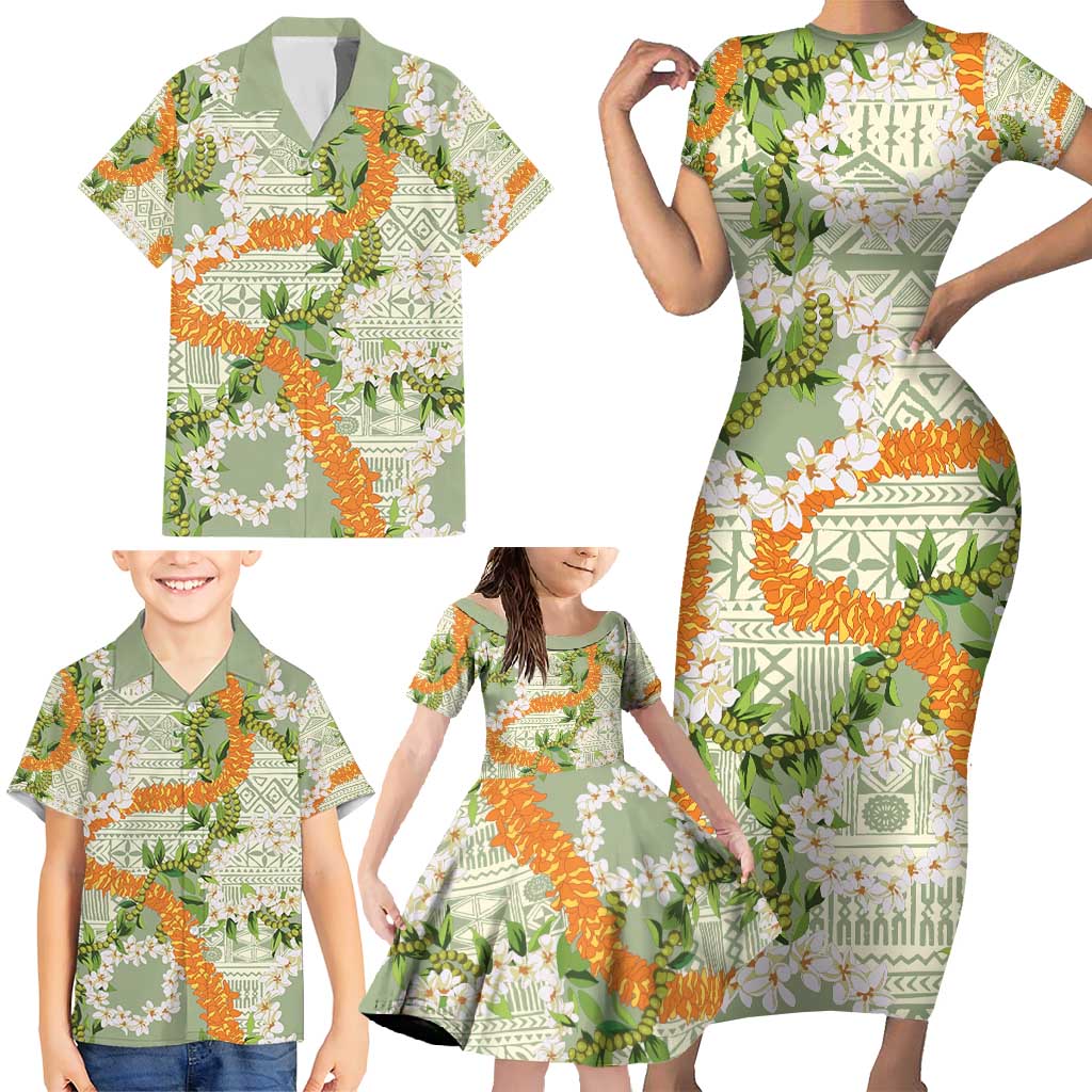 Aloha Festive Hawaii Family Matching Short Sleeve Bodycon Dress and Hawaiian Shirt Mokihana - Maile Leis in Muted Summer LT7 - Polynesian Pride