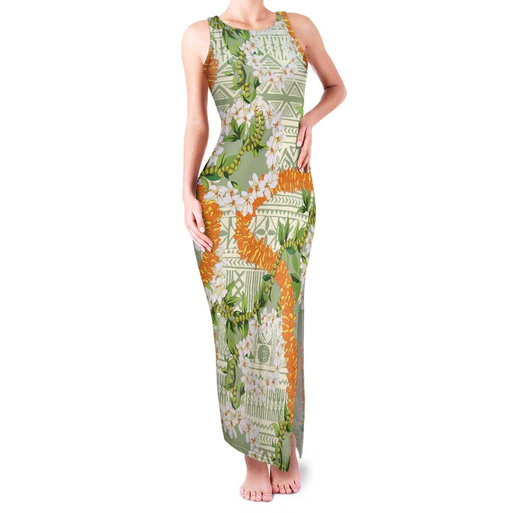 Aloha Festive Hawaii Family Matching Tank Maxi Dress and Hawaiian Shirt Mokihana - Maile Leis in Muted Summer LT7 Mom's Dress Sage Green - Polynesian Pride