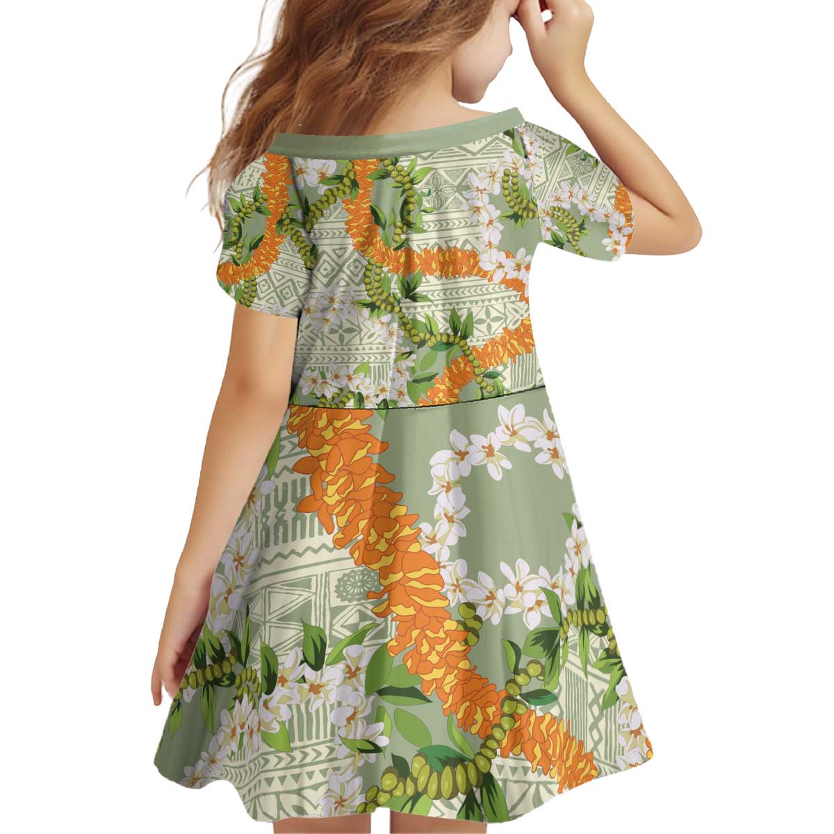 Aloha Festive Hawaii Kid Short Sleeve Dress Mokihana - Maile Leis in Muted Summer - Polynesian Pride