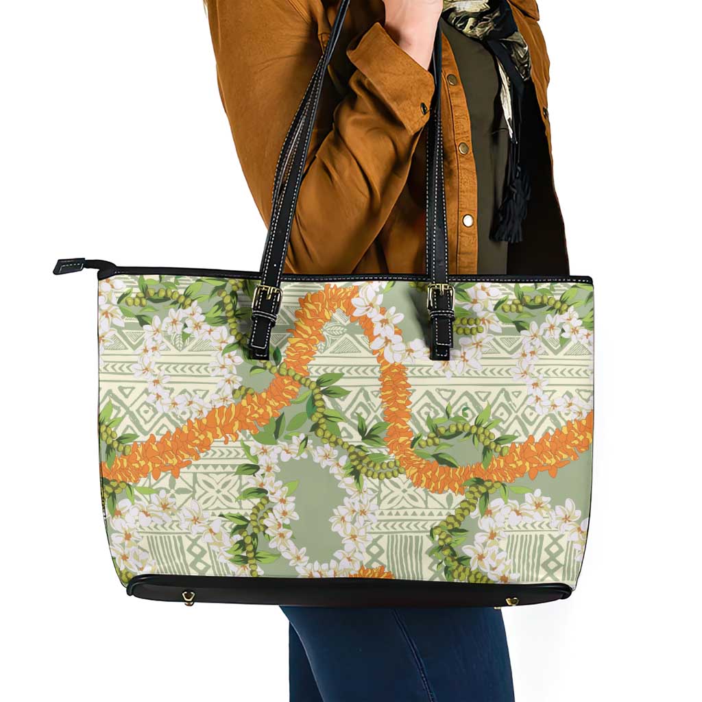 Aloha Festive Hawaii Leather Tote Bag Mokihana - Maile Leis in Muted Summer - Polynesian Pride