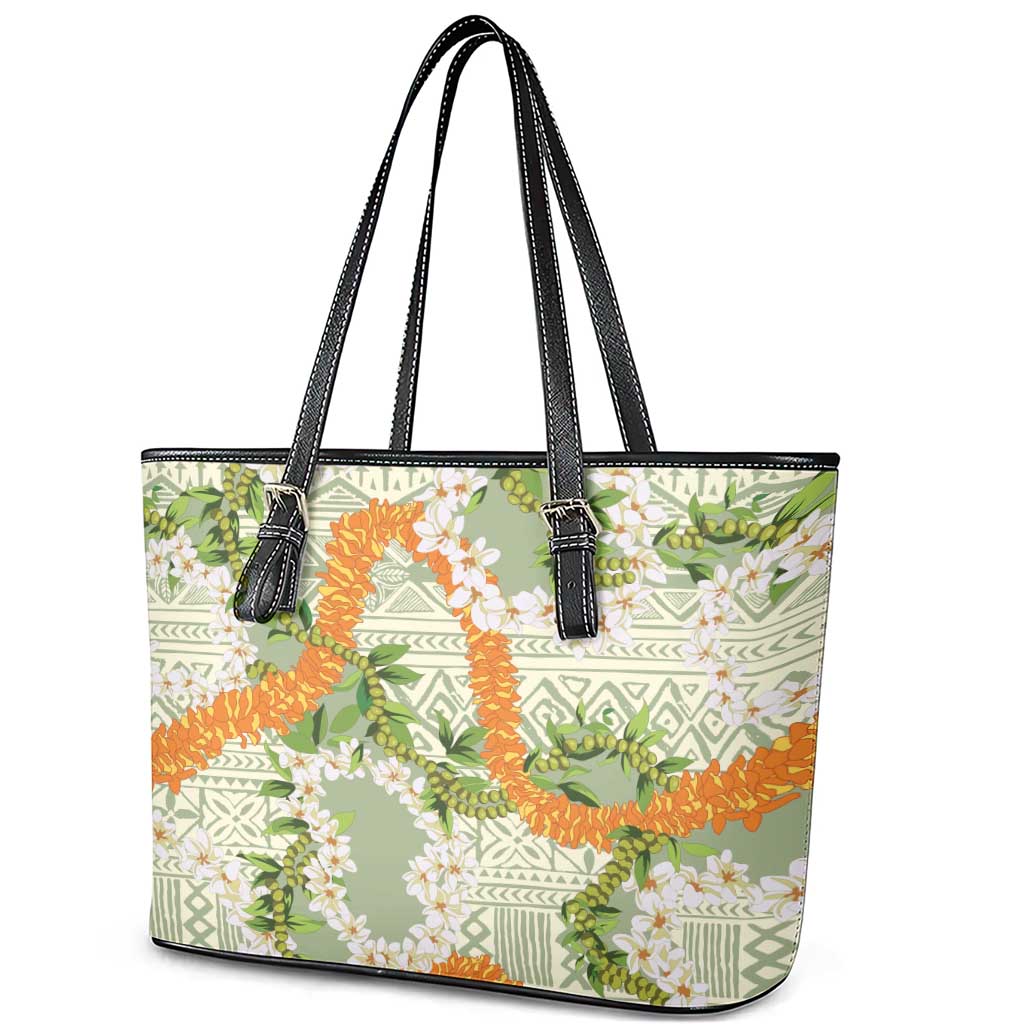 Aloha Festive Hawaii Leather Tote Bag Mokihana - Maile Leis in Muted Summer - Polynesian Pride