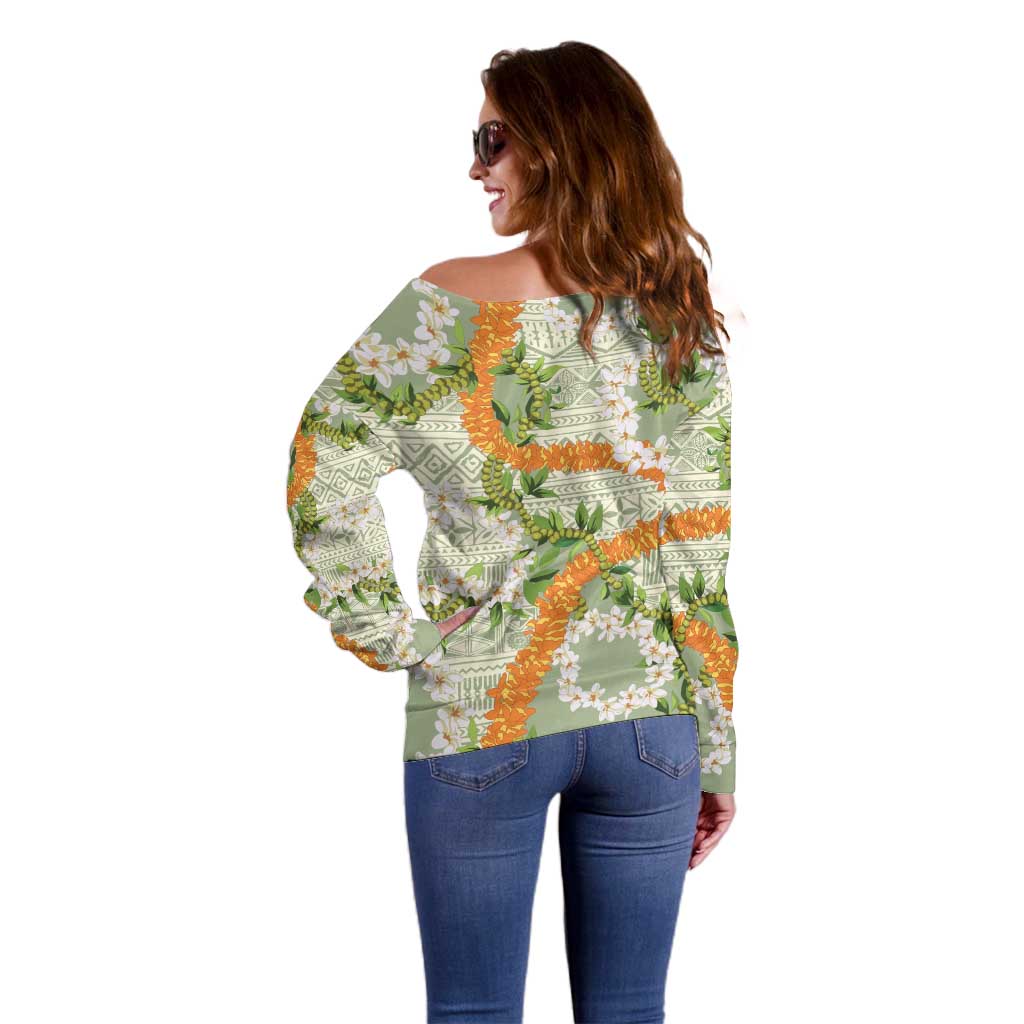 Aloha Festive Hawaii Off Shoulder Sweater Mokihana - Maile Leis in Muted Summer - Polynesian Pride