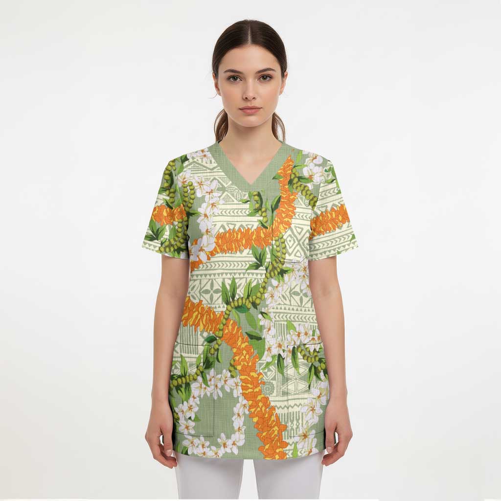 Aloha Festive Hawaii Scrub Top Mokihana - Maile Leis in Muted Summer - Polynesian Pride