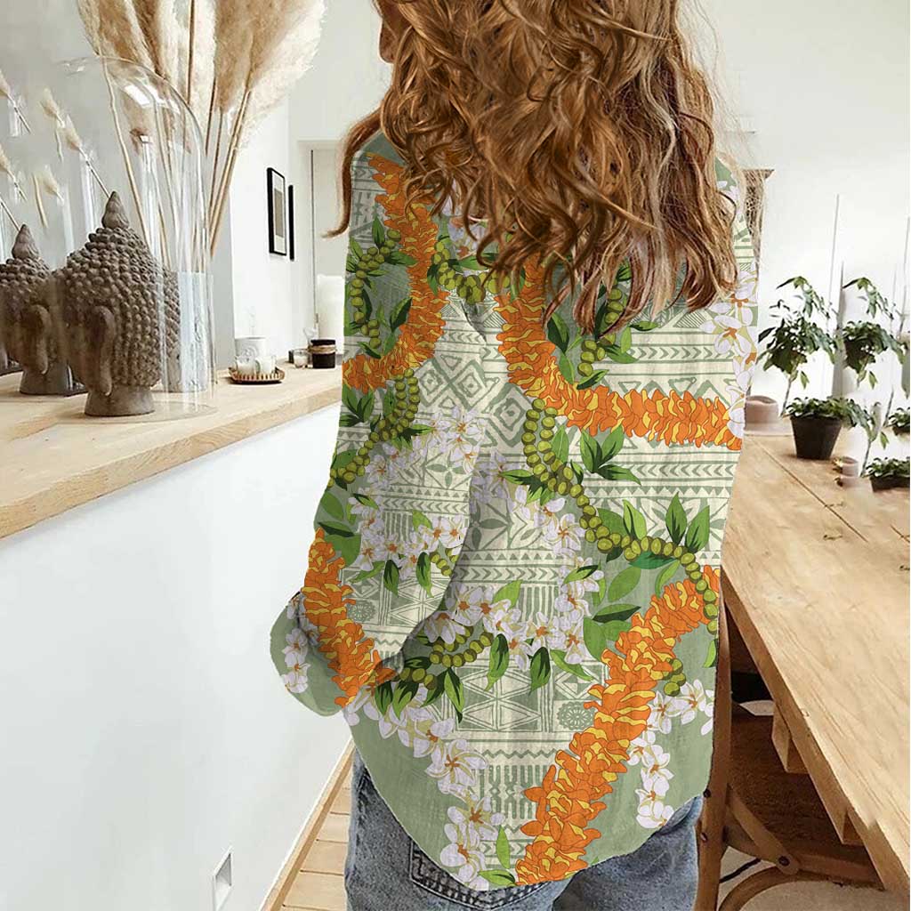 Aloha Festive Hawaii Women Casual Shirt Mokihana - Maile Leis in Muted Summer - Polynesian Pride