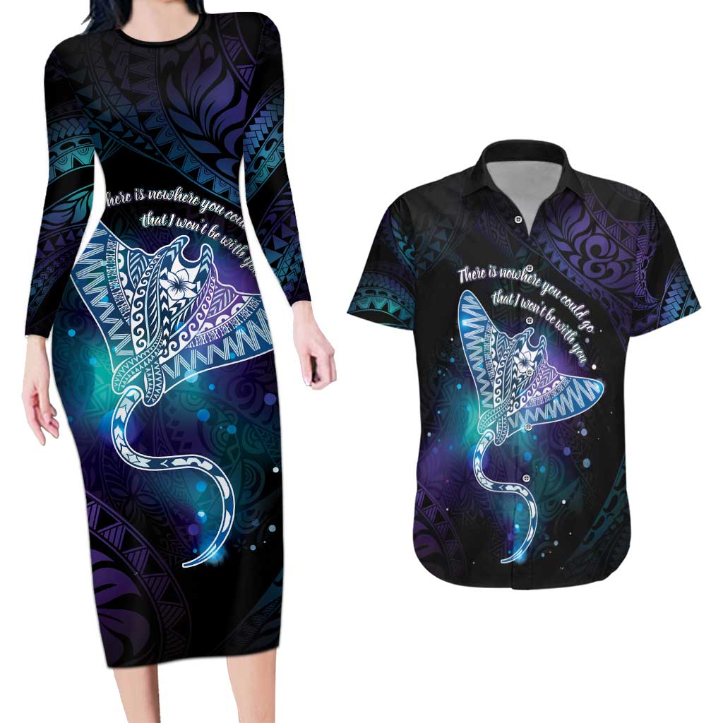 Polynesian Tala Manta Ray Couples Matching Long Sleeve Bodycon Dress and Hawaiian Shirt Nowhere You Could Go That I Won't Be With You LT7 Purple Teal - Polynesian Pride