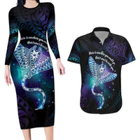 Polynesian Tala Manta Ray Couples Matching Long Sleeve Bodycon Dress and Hawaiian Shirt Nowhere You Could Go That I Won't Be With You LT7 Purple Teal - Polynesian Pride