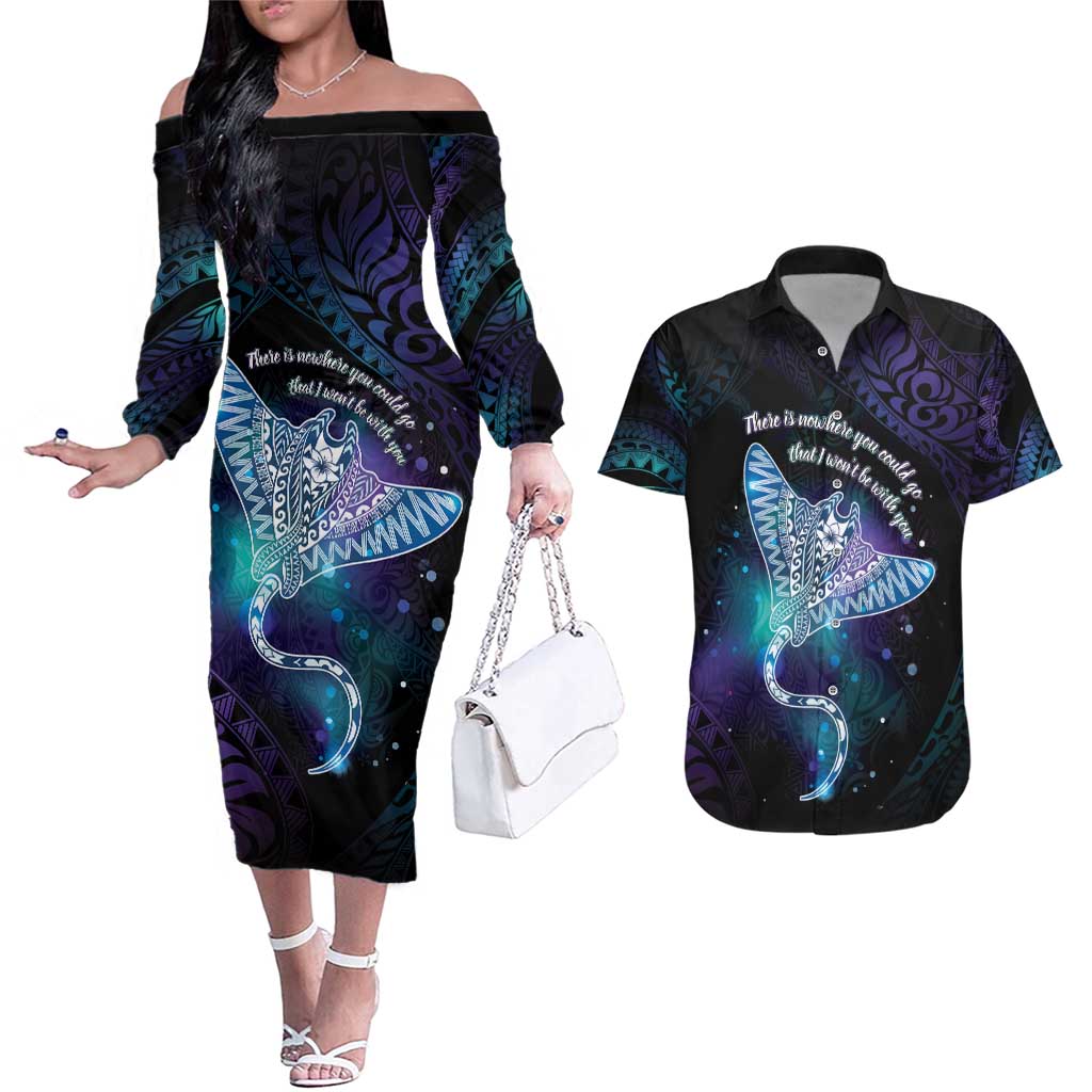 Polynesian Tala Manta Ray Couples Matching Off The Shoulder Long Sleeve Dress and Hawaiian Shirt Nowhere You Could Go That I Won't Be With You LT7 Purple Teal - Polynesian Pride