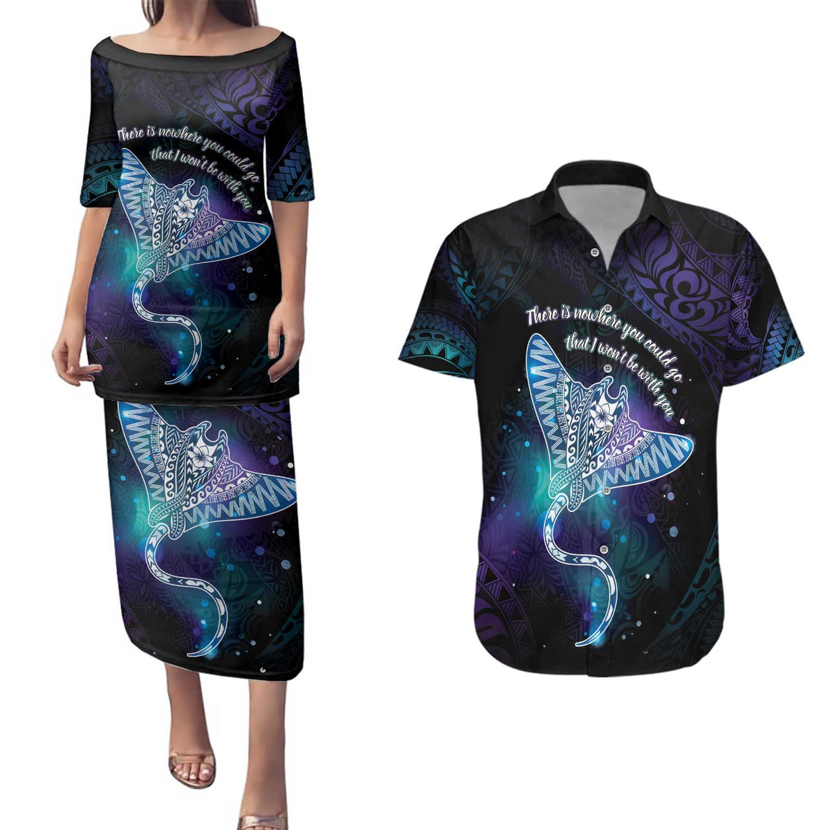 Polynesian Tala Manta Ray Couples Matching Puletasi and Hawaiian Shirt Nowhere You Could Go That I Won't Be With You - Polynesian Pride
