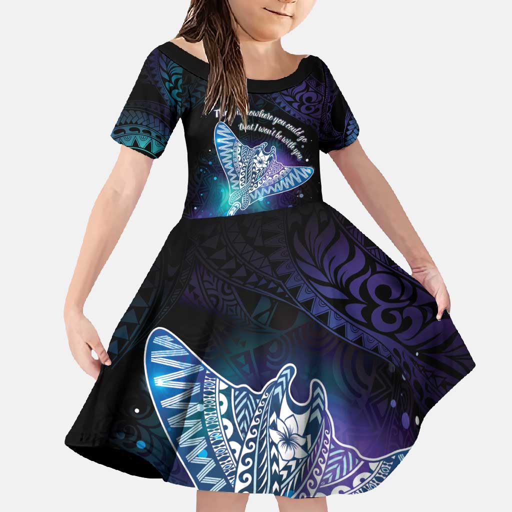 Polynesian Tala Manta Ray Family Matching Off Shoulder Maxi Dress and Hawaiian Shirt Nowhere You Could Go That I Won't Be With You LT7 Daughter's Dress Purple Teal - Polynesian Pride