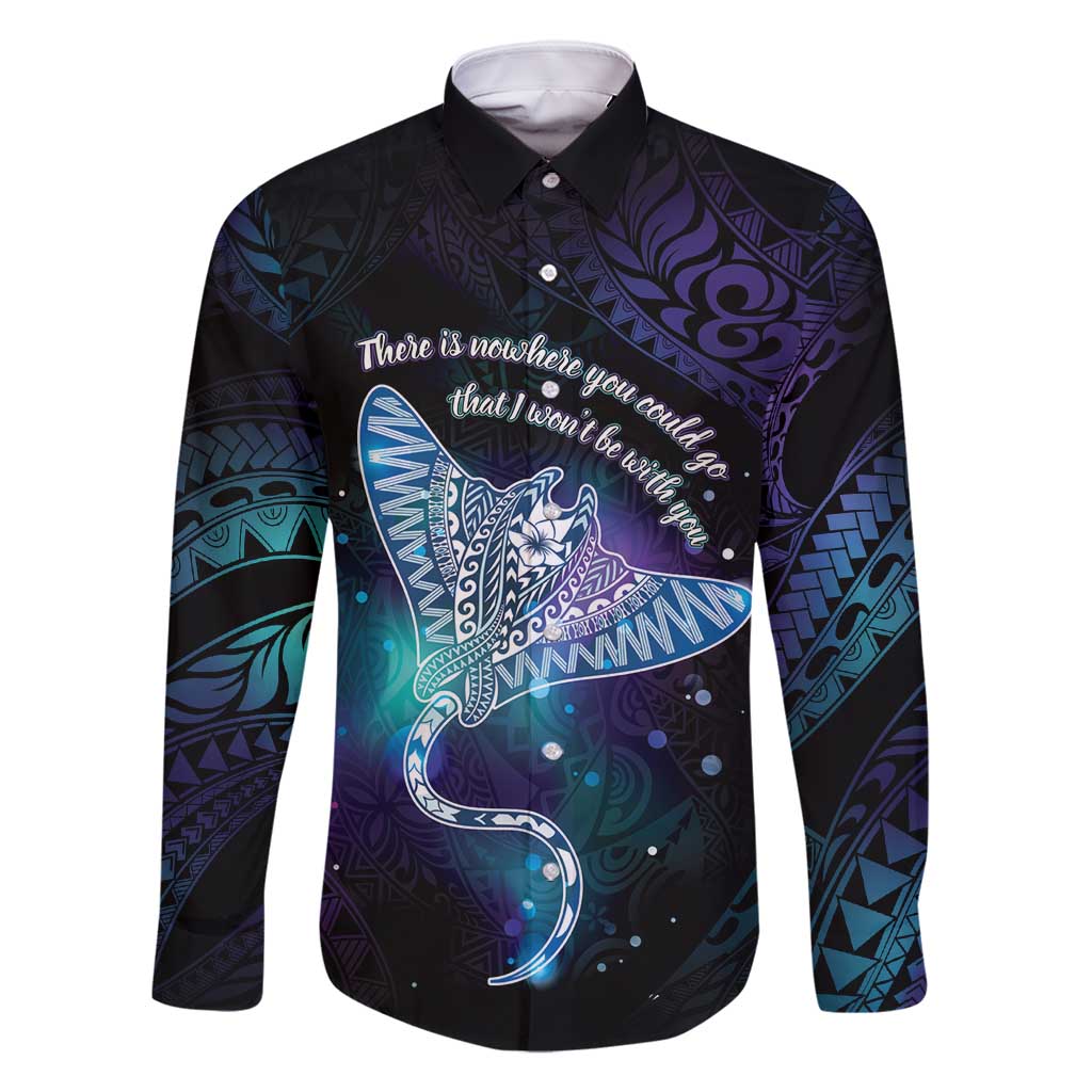 Polynesian Tala Manta Ray Family Matching Off Shoulder Maxi Dress and Hawaiian Shirt Nowhere You Could Go That I Won't Be With You LT7 Dad's Shirt - Long Sleeve Purple Teal - Polynesian Pride