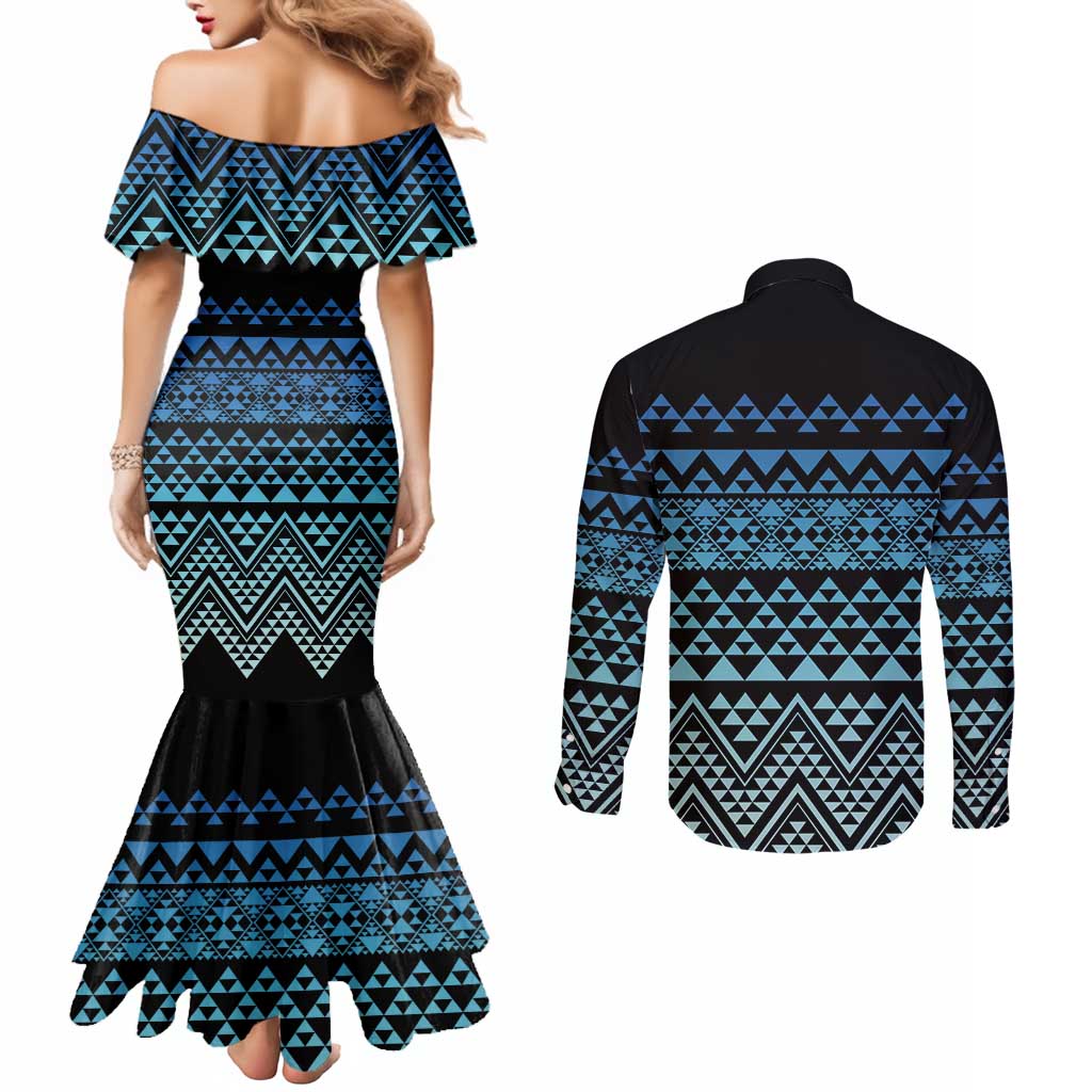 Maori Niho Taniwha Te Wheiao Couples Matching Mermaid Dress and Long Sleeve Button Shirt Moana Blue - Polynesian Pride