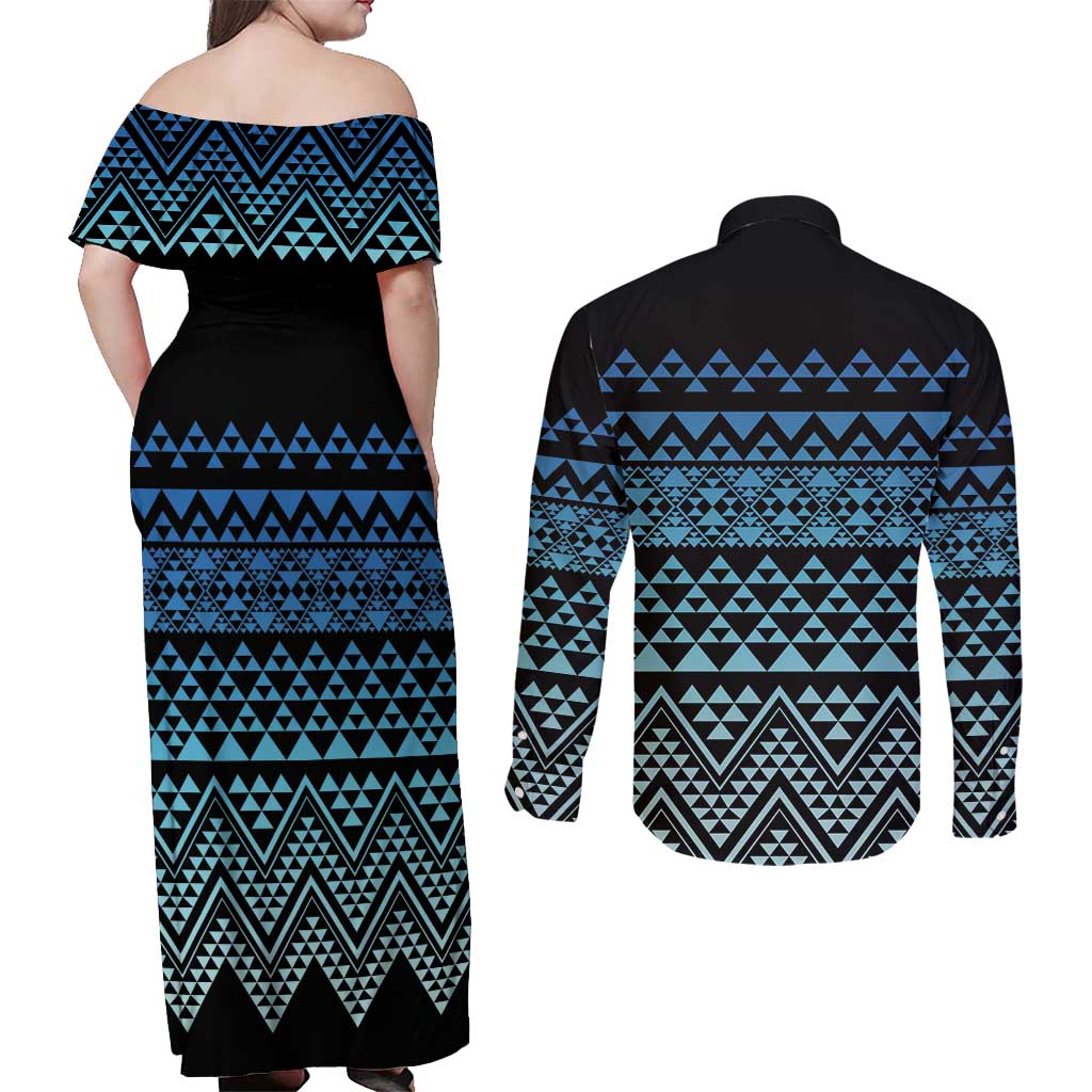 Maori Niho Taniwha Te Wheiao Couples Matching Off Shoulder Maxi Dress and Long Sleeve Button Shirt Moana Blue - Polynesian Pride