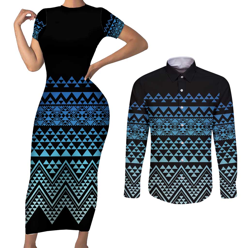 Maori Niho Taniwha Te Wheiao Couples Matching Short Sleeve Bodycon Dress and Long Sleeve Button Shirt Moana Blue - Polynesian Pride