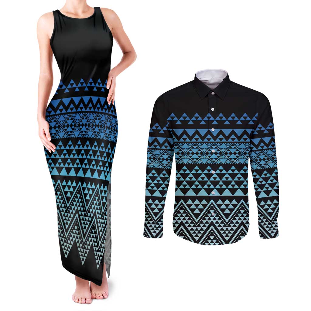 Maori Niho Taniwha Te Wheiao Couples Matching Tank Maxi Dress and Long Sleeve Button Shirt Moana Blue - Polynesian Pride