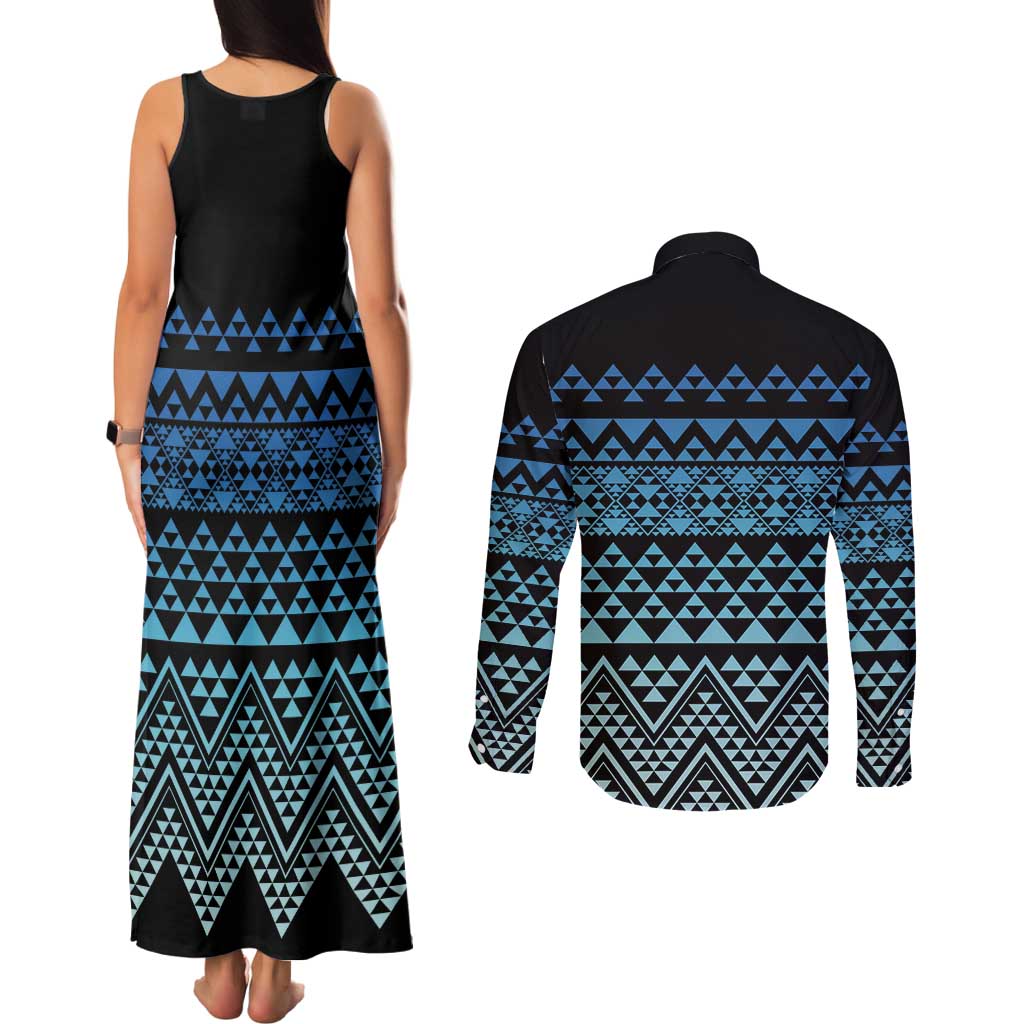 Maori Niho Taniwha Te Wheiao Couples Matching Tank Maxi Dress and Long Sleeve Button Shirt Moana Blue - Polynesian Pride