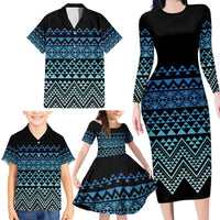 Maori Niho Taniwha Te Wheiao Family Matching Long Sleeve Bodycon Dress and Hawaiian Shirt Moana Blue LT7 - Polynesian Pride