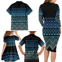 Maori Niho Taniwha Te Wheiao Family Matching Long Sleeve Bodycon Dress and Hawaiian Shirt Moana Blue LT7 - Polynesian Pride