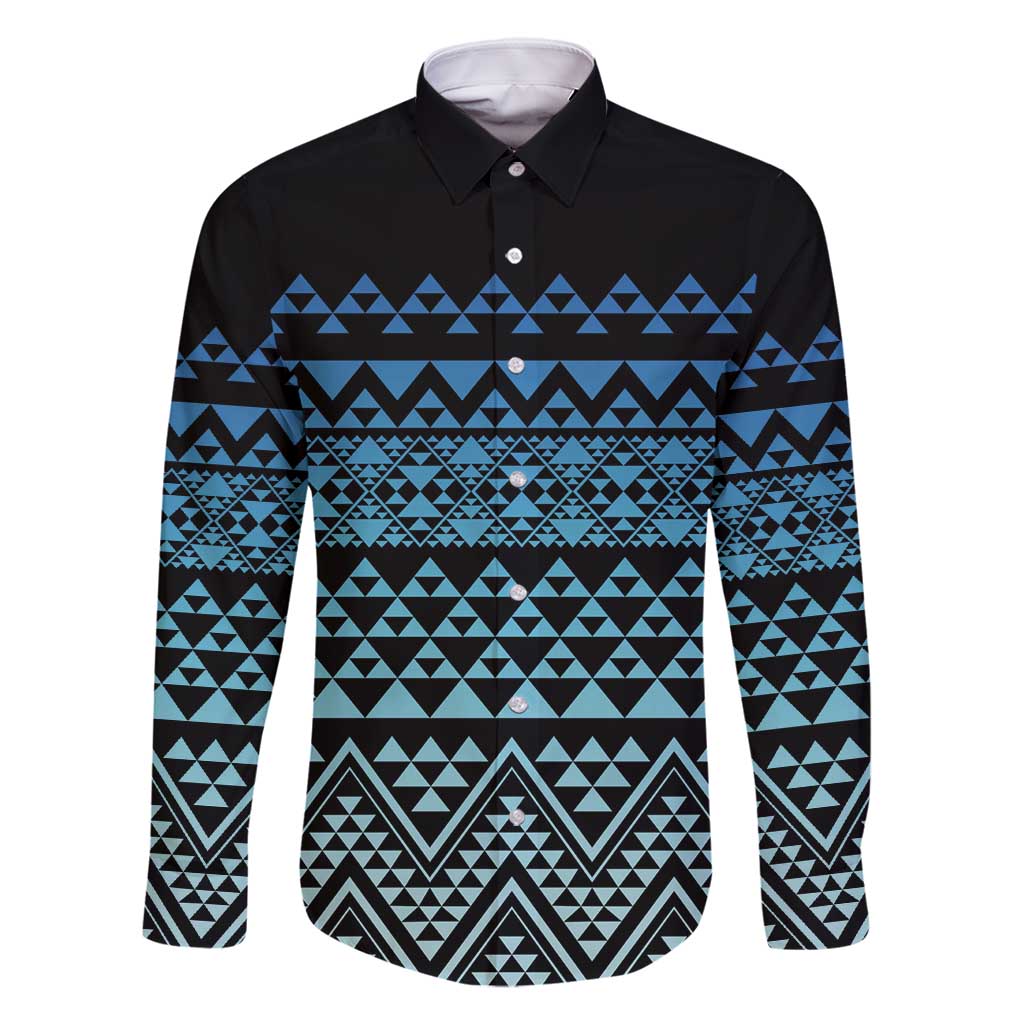 Maori Niho Taniwha Te Wheiao Family Matching Long Sleeve Bodycon Dress and Hawaiian Shirt Moana Blue LT7 Dad's Shirt - Long Sleeve Blue - Polynesian Pride