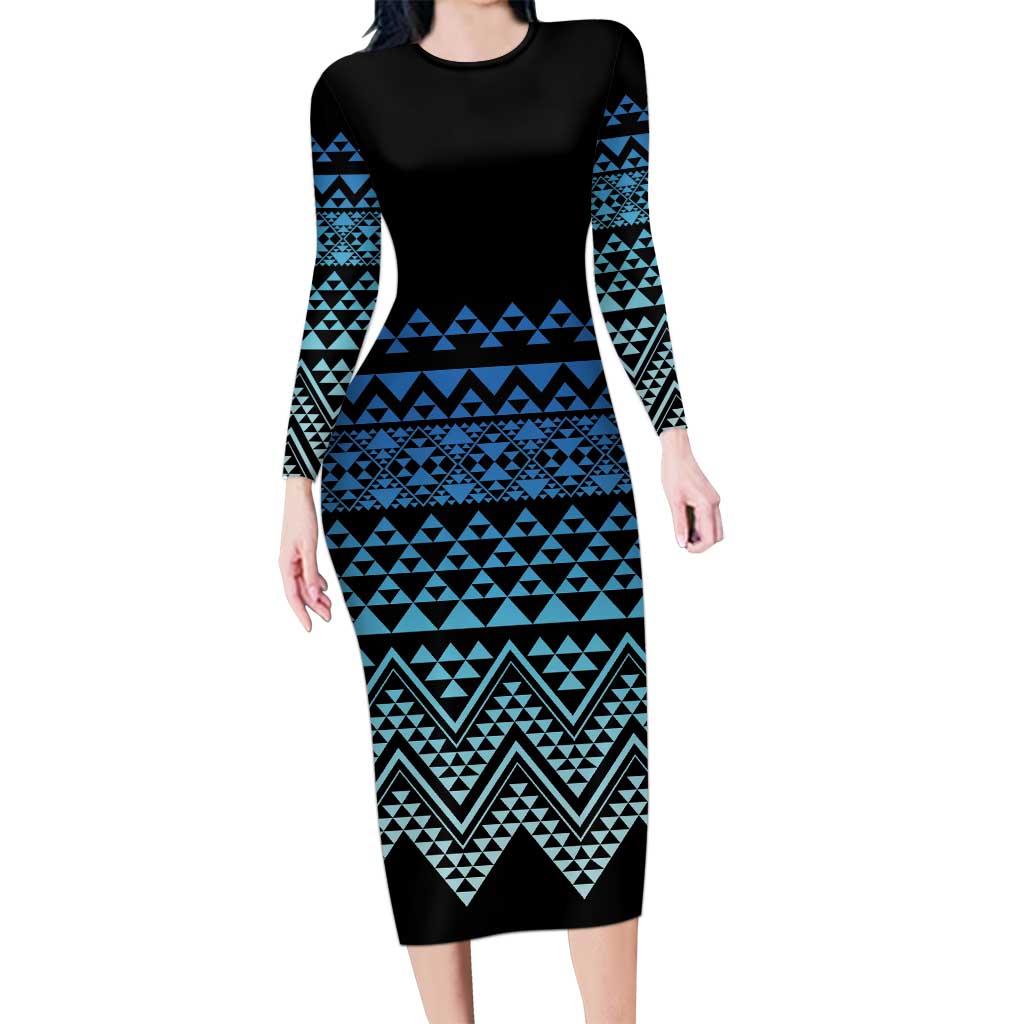 Maori Niho Taniwha Te Wheiao Family Matching Long Sleeve Bodycon Dress and Hawaiian Shirt Moana Blue LT7 Mom's Dress Blue - Polynesian Pride