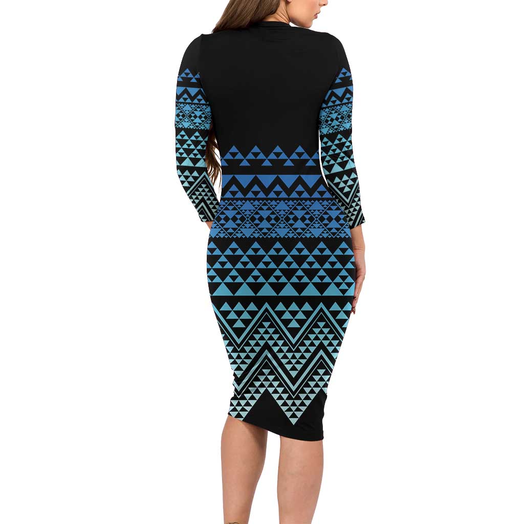Maori Niho Taniwha Te Wheiao Family Matching Long Sleeve Bodycon Dress and Hawaiian Shirt Moana Blue LT7 - Polynesian Pride