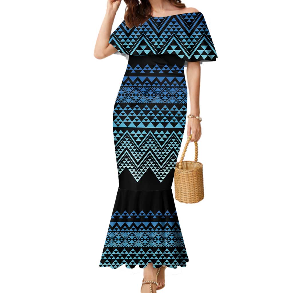 Maori Niho Taniwha Te Wheiao Family Matching Mermaid Dress and Hawaiian Shirt Moana Blue LT7 Mom's Dress Blue - Polynesian Pride